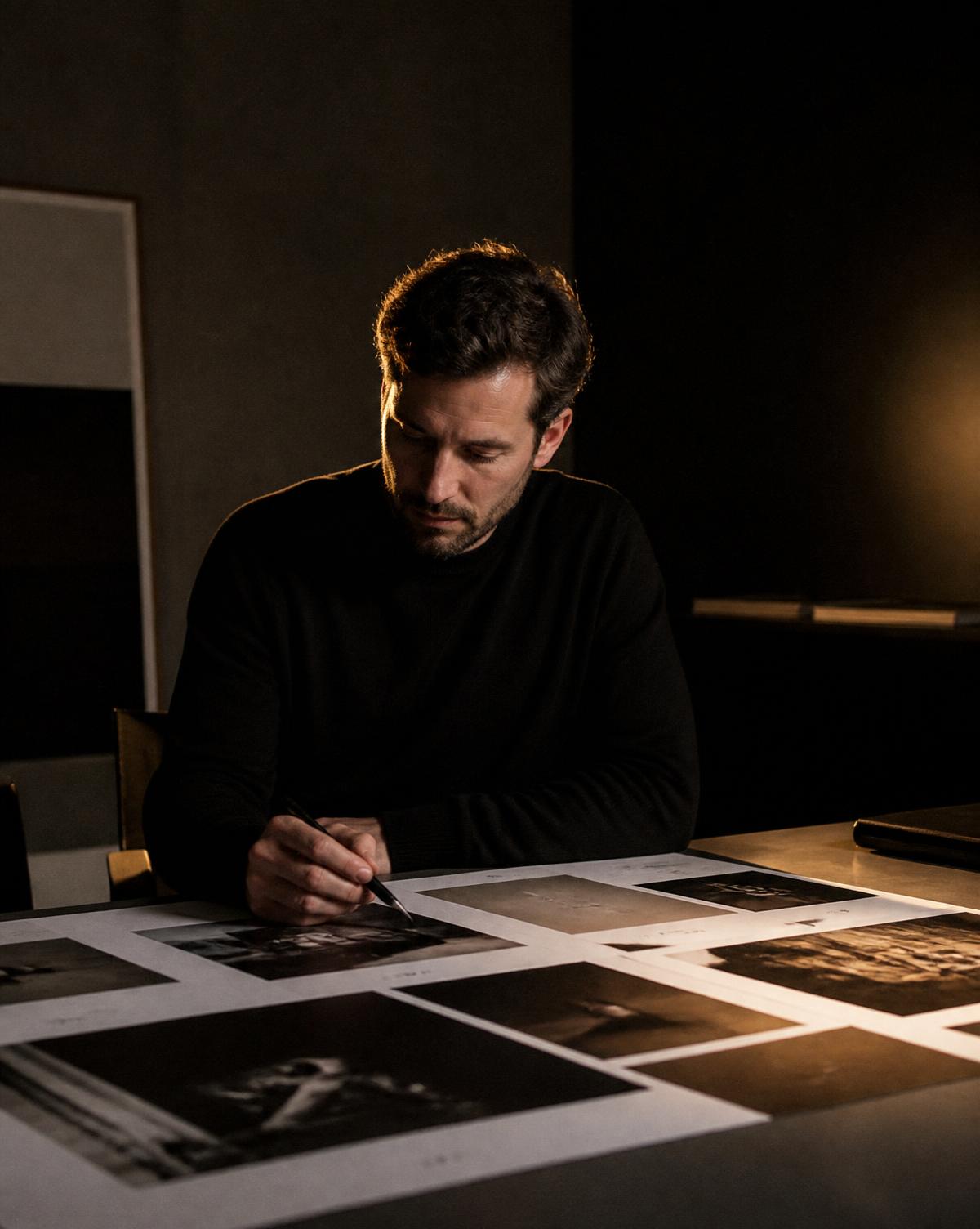 The designer working over printed layouts in a dark studio